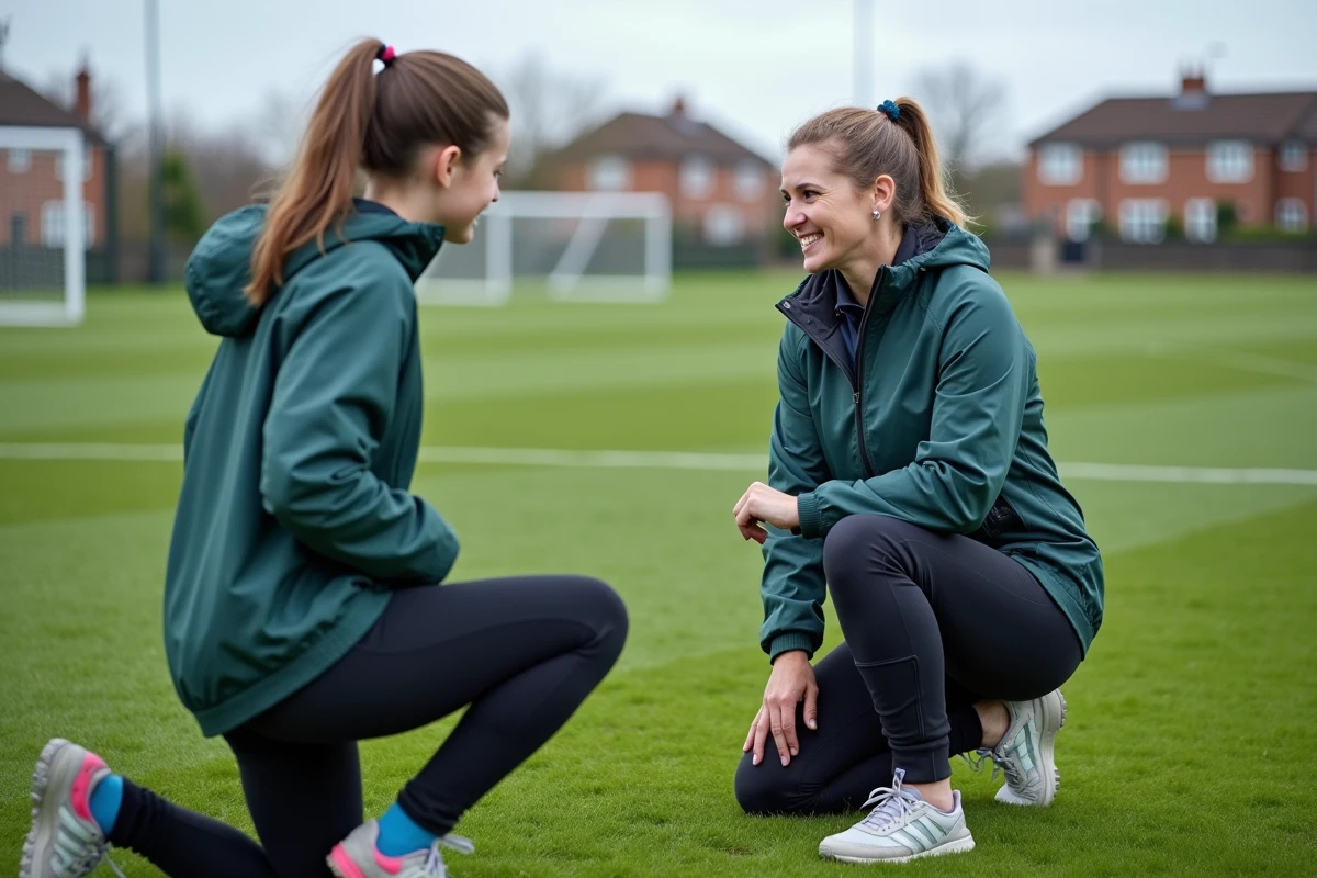 Coordinatrice sportive encadrant une jeune athlète lors d'un entraînement sur un terrain de sport public en Angleterre