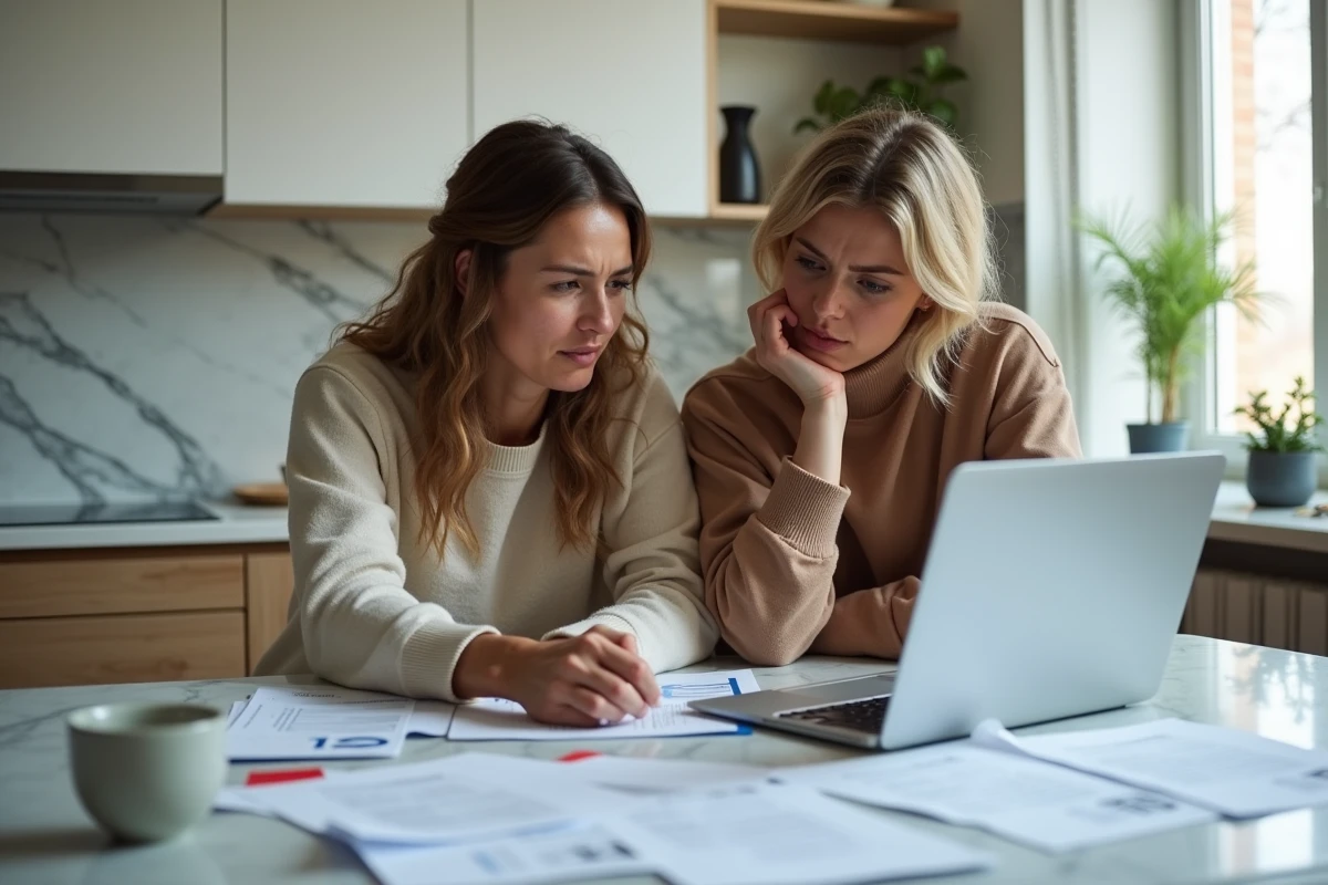 Couple analysant ensemble leurs relevés bancaires et leur abonnement premium Basic Fit sur un ordinateur portable à la maison