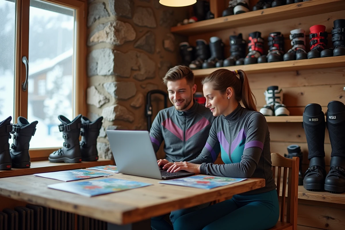 Couple comparant les prix de forfait et location de ski en ligne dans un magasin de location aux Arcs 1800