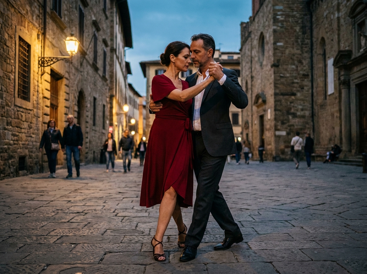 Couple de 40 ans dansant le tango sur une place pavée européenne au crépuscule, vêtements élégants et posture intime évoquant la passion de la danse en couple en extérieur