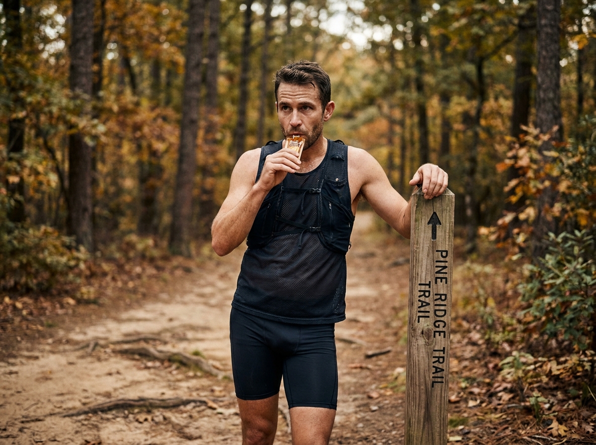 Coureur de trail consommant un gel énergétique à base de miel sur un sentier forestier en automne
