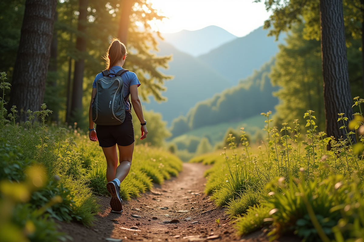 Coureur en nature ajustant son sac à dos au bord du sentier