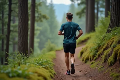 Coureur en trail vérifiant sa montre en montée