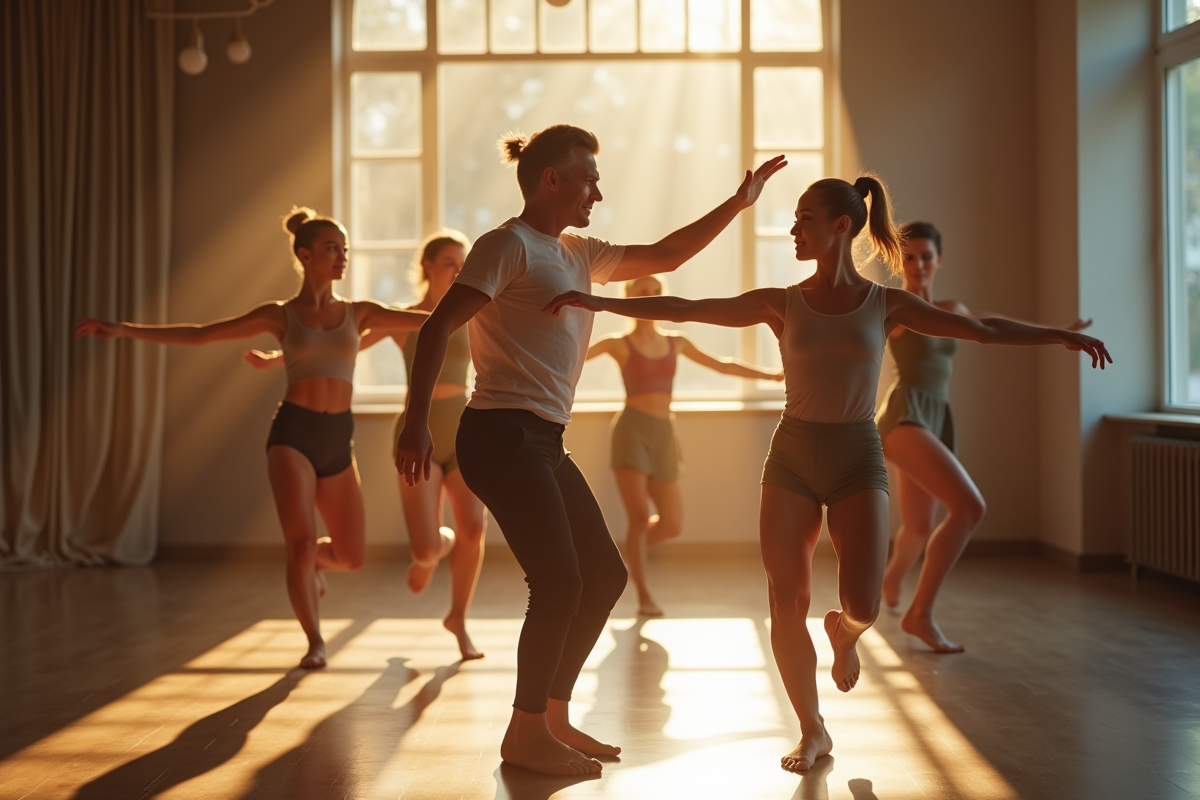 Groupe de danse en mouvement avec instructeur