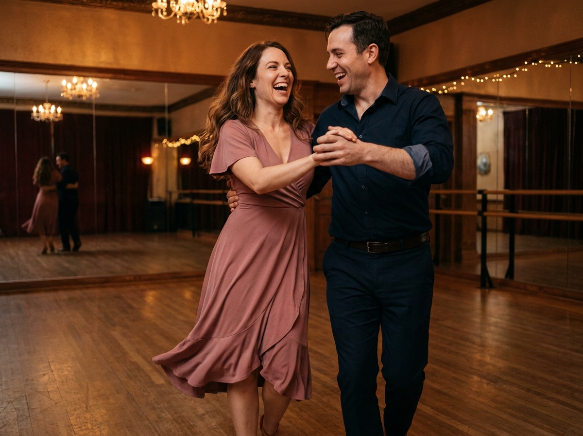 Couple dans la trentaine apprenant la salsa dans un studio de danse lumineux avec parquet en bois et miroirs, riant ensemble pendant un cours de danse en couple