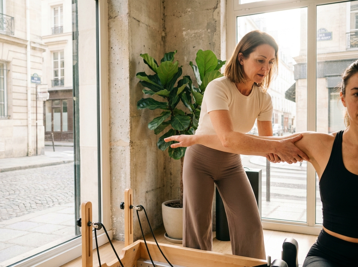 Instructrice de Pilates reformer guidant une cliente lors d'une séance dans un studio bien-être parisien lumineux avec vue sur rue