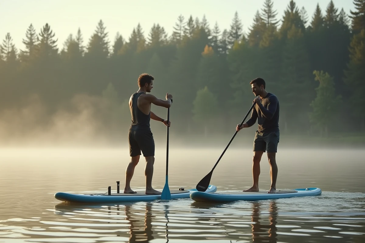 Cours de stand-up paddle sur un lac calme avec un instructeur guidant un débutant sur la technique de pagaie
