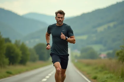 Homme courant en campagne au matin avec montre connectee