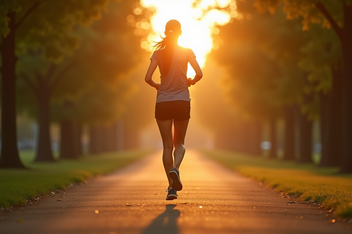 Femme sportive courant au lever du soleil dans un parc