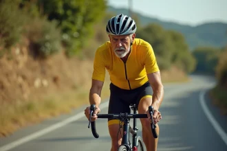 Cycliste amateur d'âge mûr en difficulté sur une route de campagne sinueuse, illustrant les risques du sport du dimanche