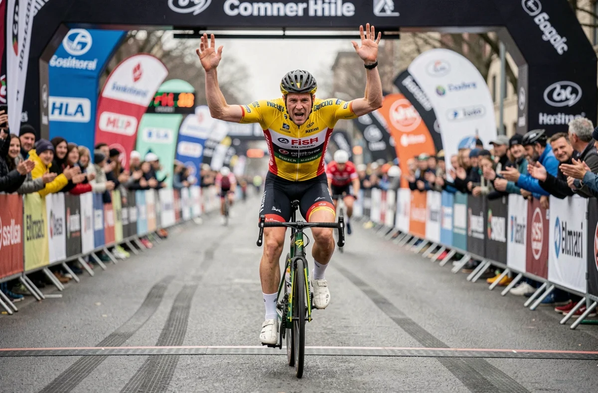 Cycliste professionnel franchissant la ligne d'arrivée lors d'une grande course WorldTour avec émotion et soulagement