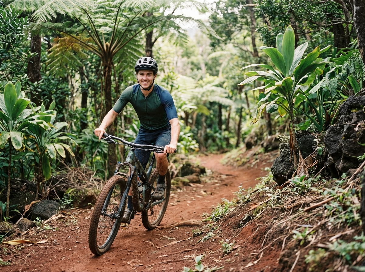 Jeune homme en vélo de montagne dans une forêt tropicale