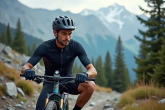 Vélo tout terrain en montagne vérifiant la pression des pneus