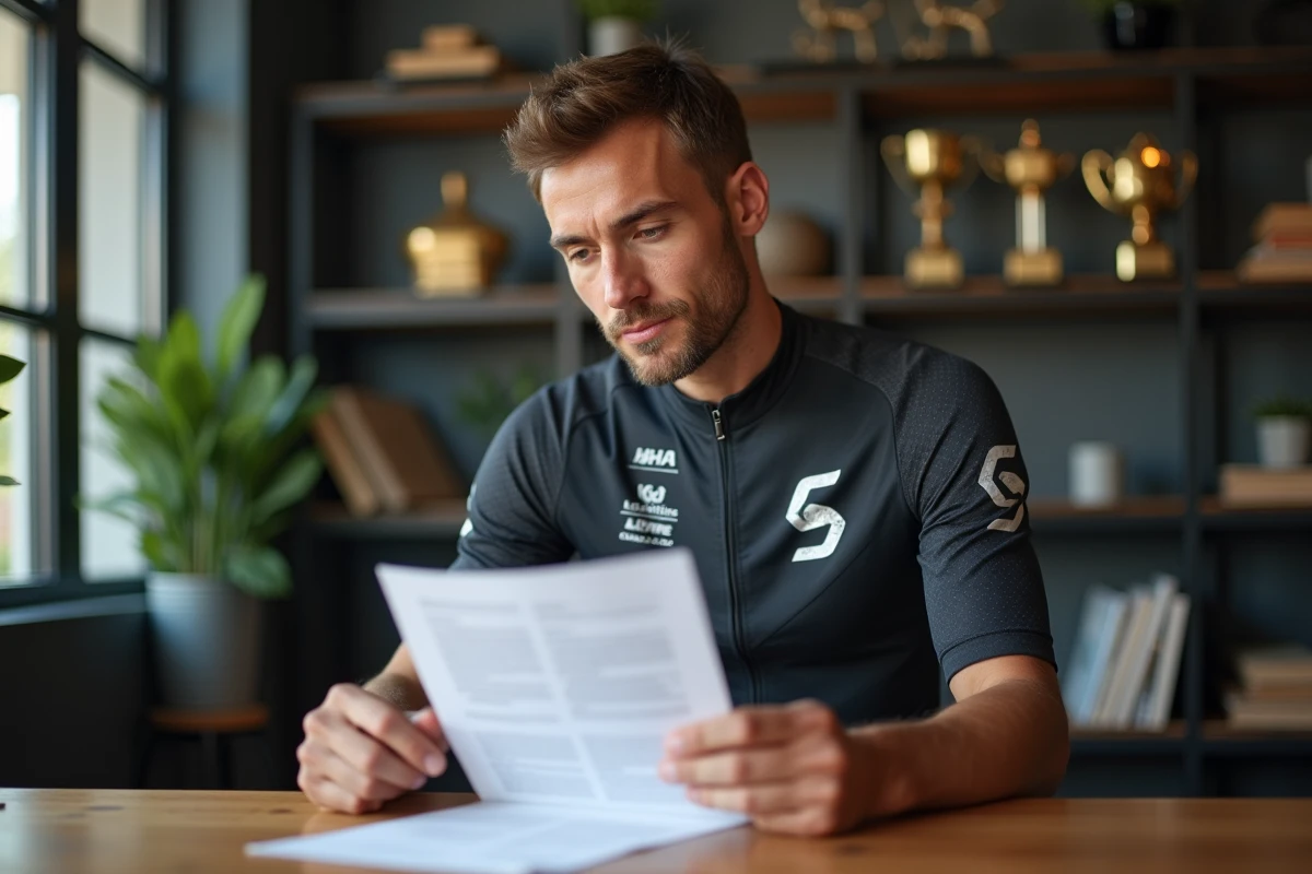 Cycliste professionnel examinant un contrat salarial dans un bureau d'équipe cycliste