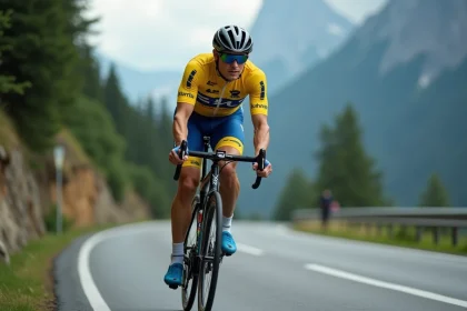 Cycliste professionnel en plein effort sur une route de montagne alpine, jersey jaune et bleu, en position aérodynamique