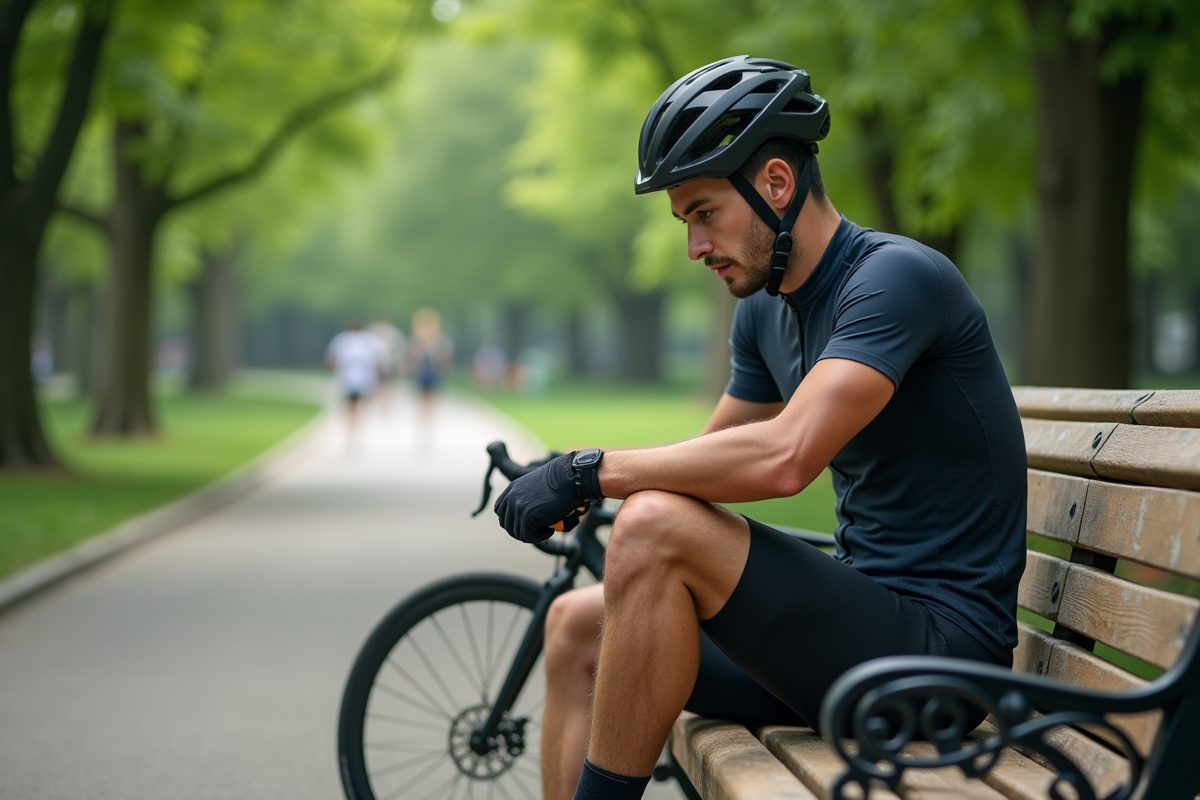 Jeune cycliste se reposant sur un banc dans un parc
