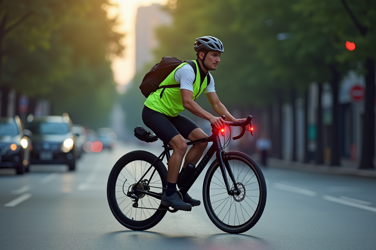 Cycliste urbain portant casque et gilet réfléchissant en ville