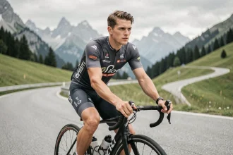 Cycliste professionnel du WorldTour sur une route de montagne alpine, portrait éditorial en tenue d'équipe