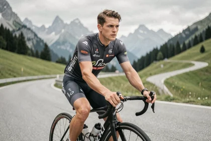 Cycliste professionnel du WorldTour sur une route de montagne alpine, portrait éditorial en tenue d'équipe