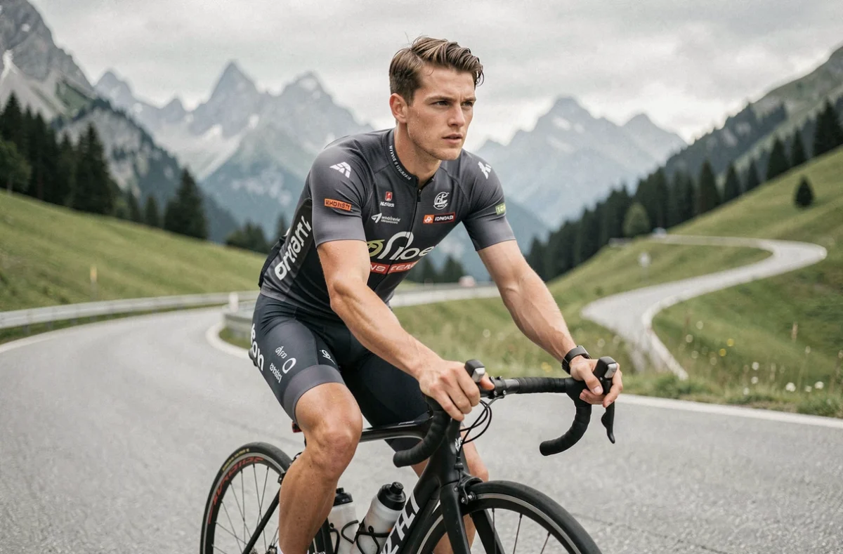 Cycliste professionnel du WorldTour sur une route de montagne alpine, portrait éditorial en tenue d'équipe