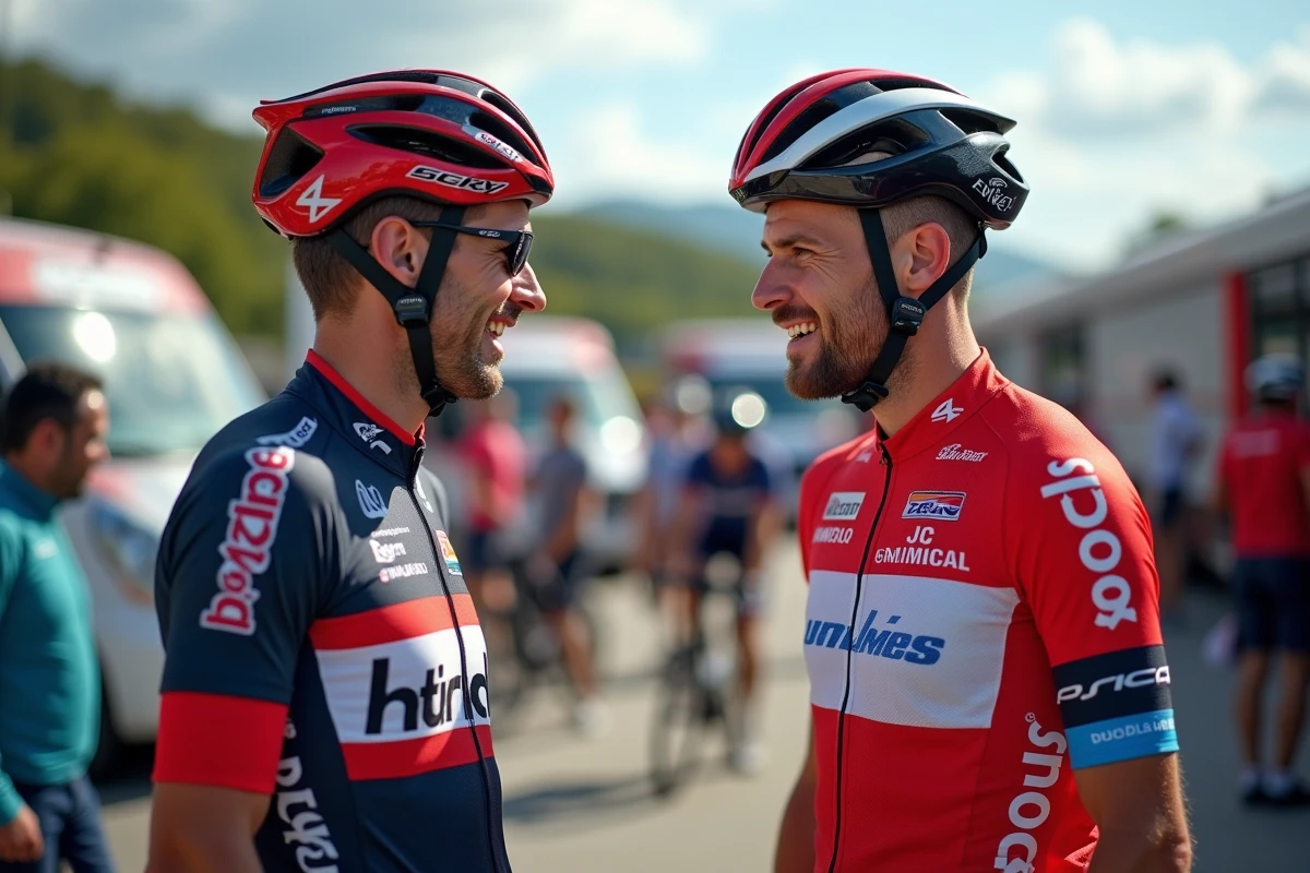 Deux cyclistes de divisions Continental et WorldTour discutant dans un paddock de course cycliste