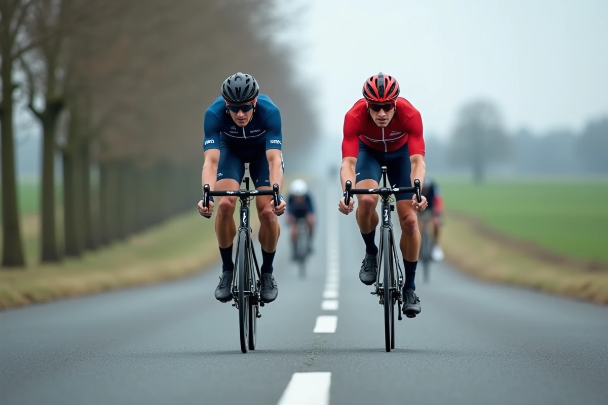 Deux cyclistes professionnels en échappée sur une route plate à travers la campagne flamande lors d'un sprint final