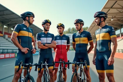 Groupe de cyclistes professionnels en velodrome européen