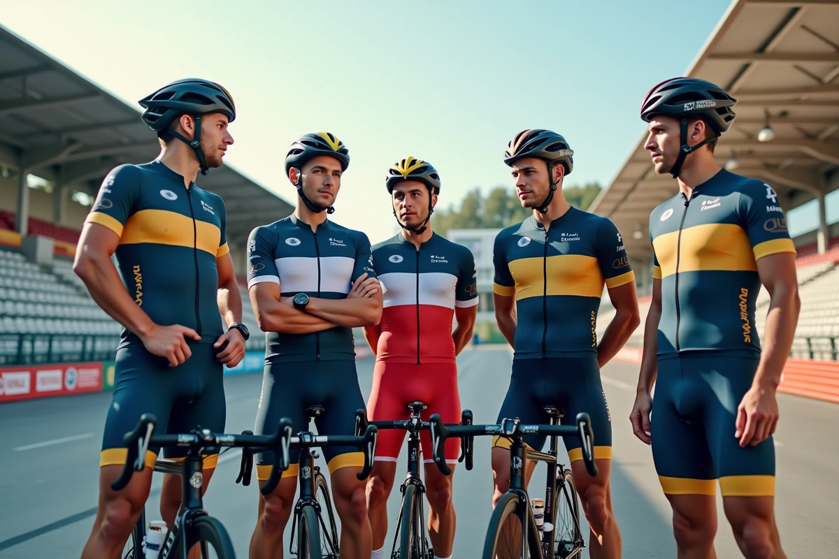 Groupe de cyclistes professionnels en velodrome européen