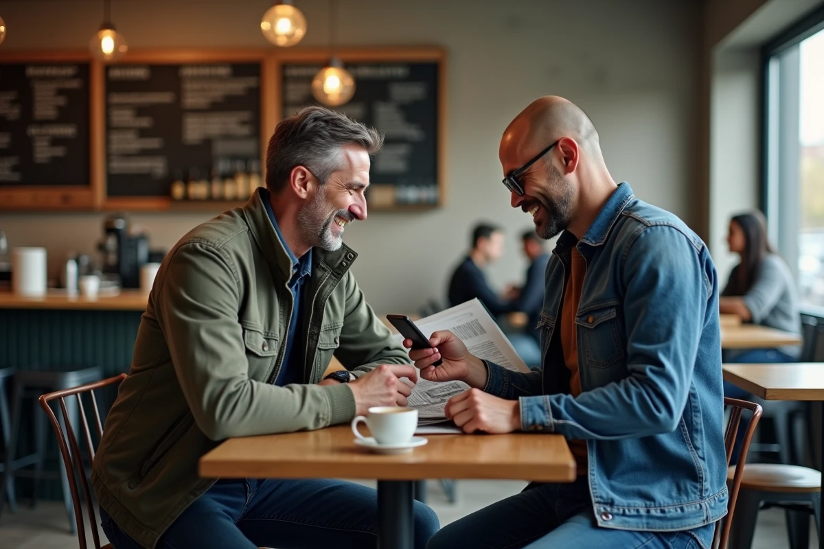 Deux hommes débattant de la crédibilité d'un site sportif indépendant face aux grands médias dans un café urbain