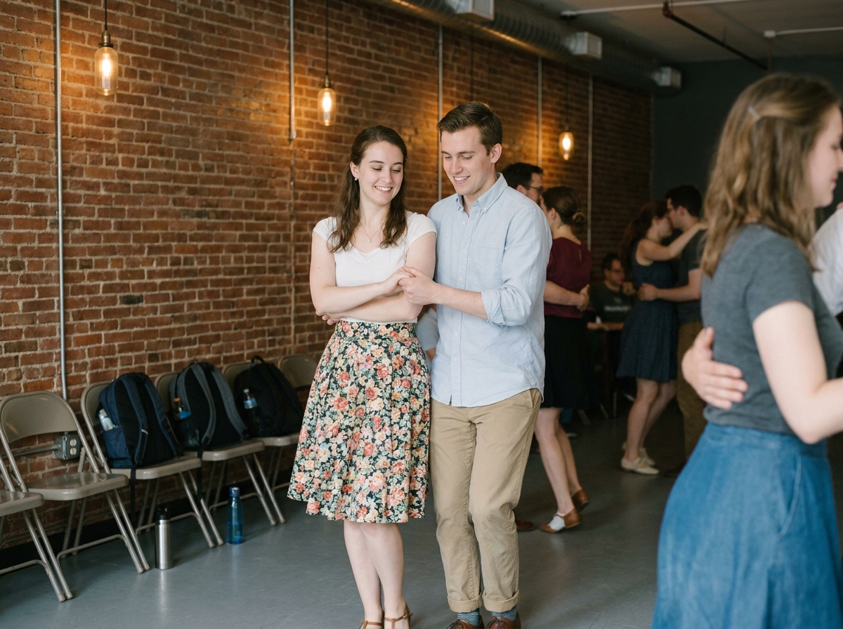 Jeune couple participant à un cours de swing débutant dans un centre communautaire au décor de briques apparentes, apprenant à danser ensemble dans une ambiance décontractée et authentique