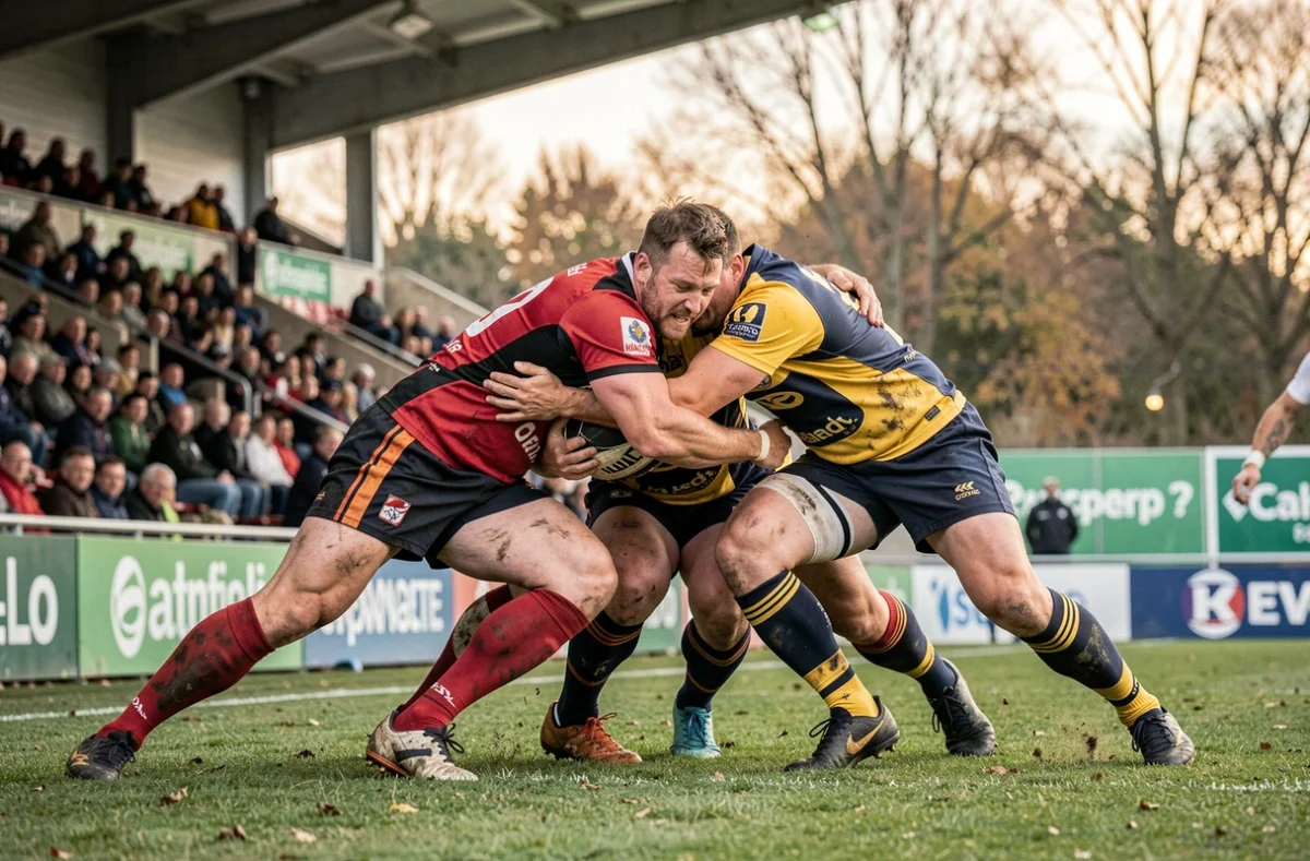 Derby de rugby Nationale 2026 avec deux joueurs en duel physique lors d'un match de championnat