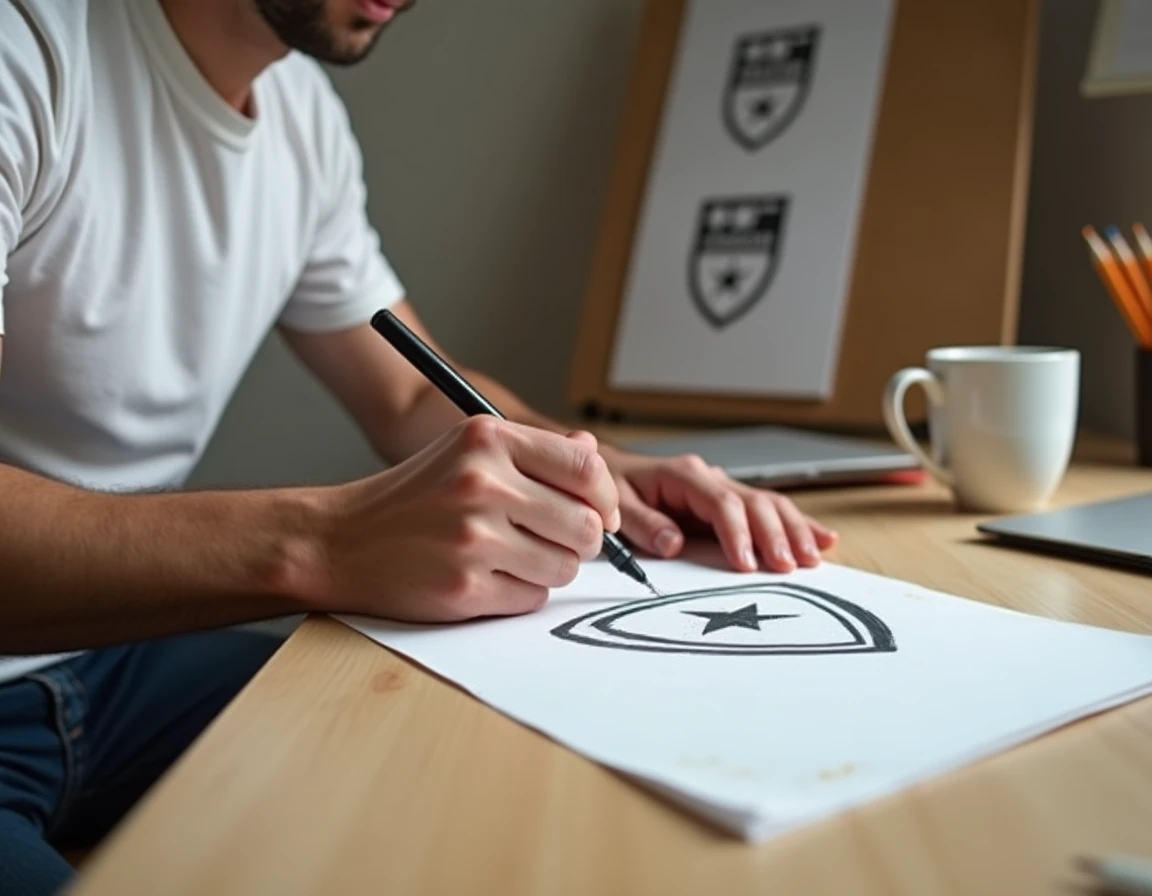 Designer graphique esquissant &agrave; la main un logo de football minimaliste en noir et blanc dans son atelier