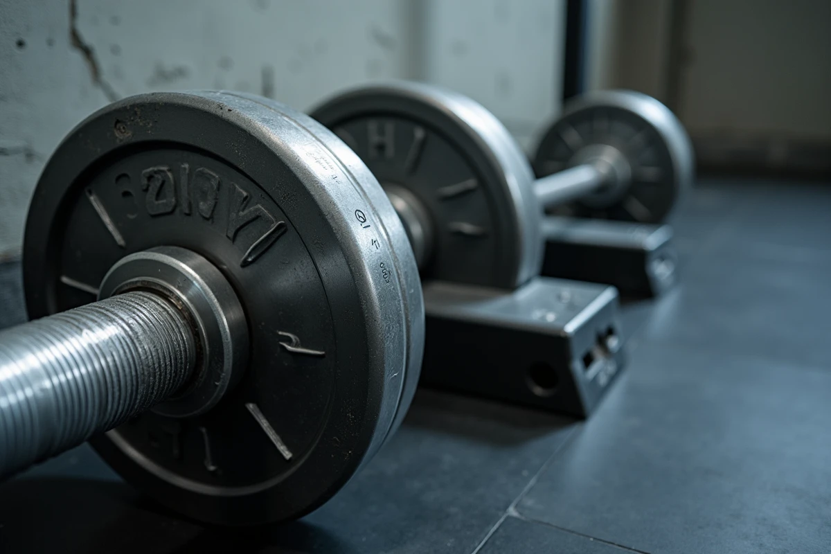Gros plan sur une barre olympique et une barre standard rangées côte à côte sur un rack de salle de sport