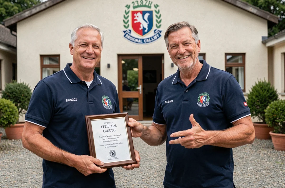 Dirigeants du District de Football de l'Orne tenant une récompense officielle devant un club local normand
