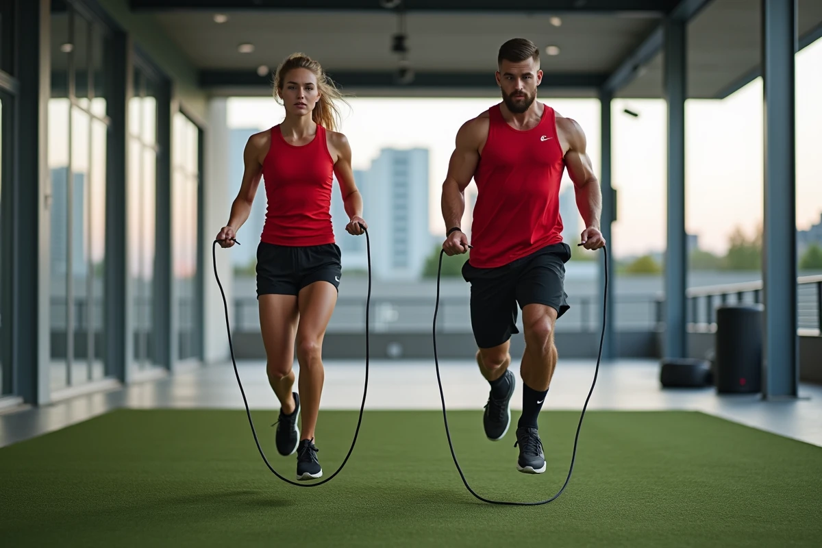 Deux athlètes CrossFit s'entraînant aux double-unders à la corde à sauter sur le terrain extérieur d'une box pour préparer l'Open CrossFit 2026
