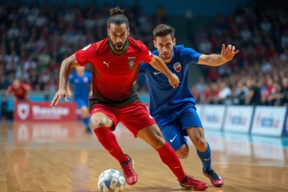Duel entre joueurs de handball portugais et français lors d'un match en salle