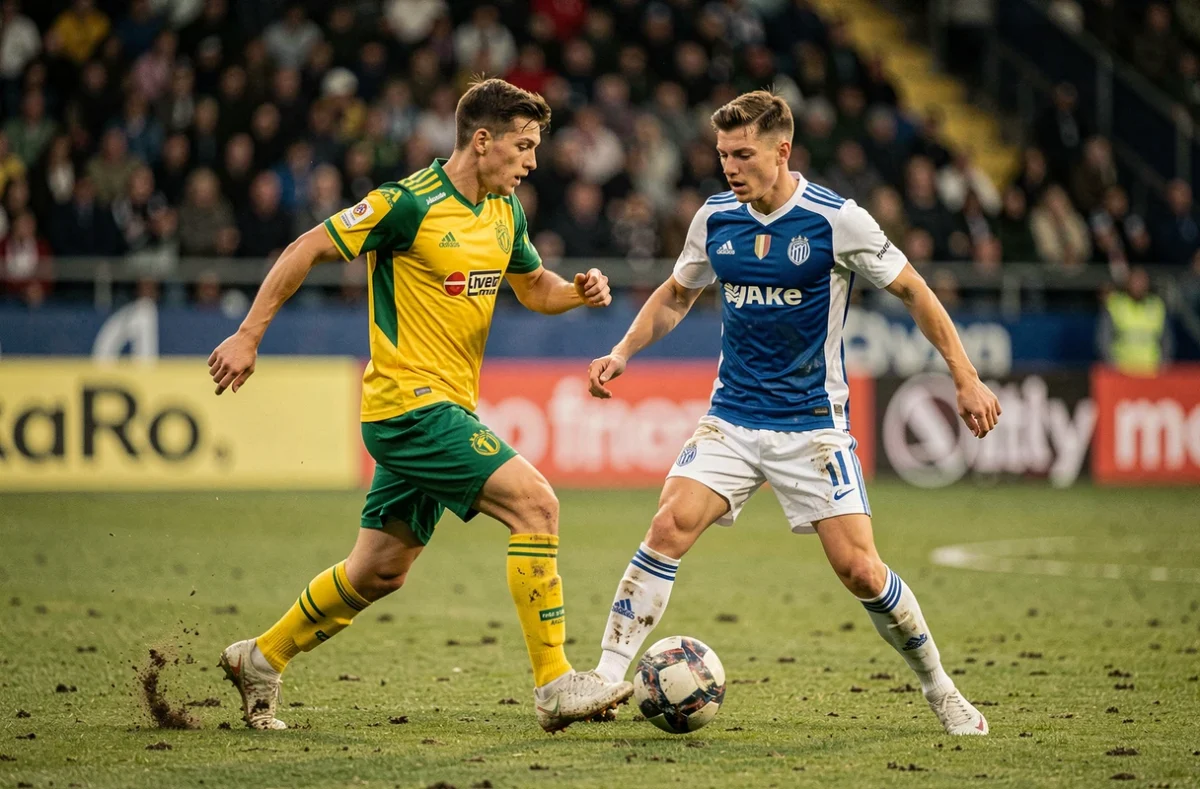 Duel entre deux joueurs de Ligue 2 sur le terrain, profils ciblés par le mercato du FC Nantes