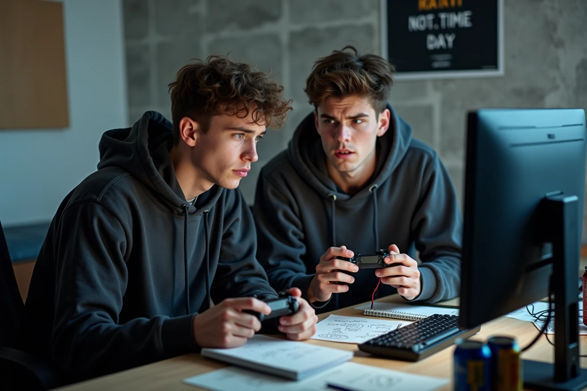 Deux joueurs analysant ensemble leurs erreurs sur FC 25, discutant des gestes techniques mal exécutés devant un écran de jeu