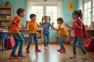 Enfants d &eacute;cole primaire comptant avec leurs doigts dans une classe lumineuse