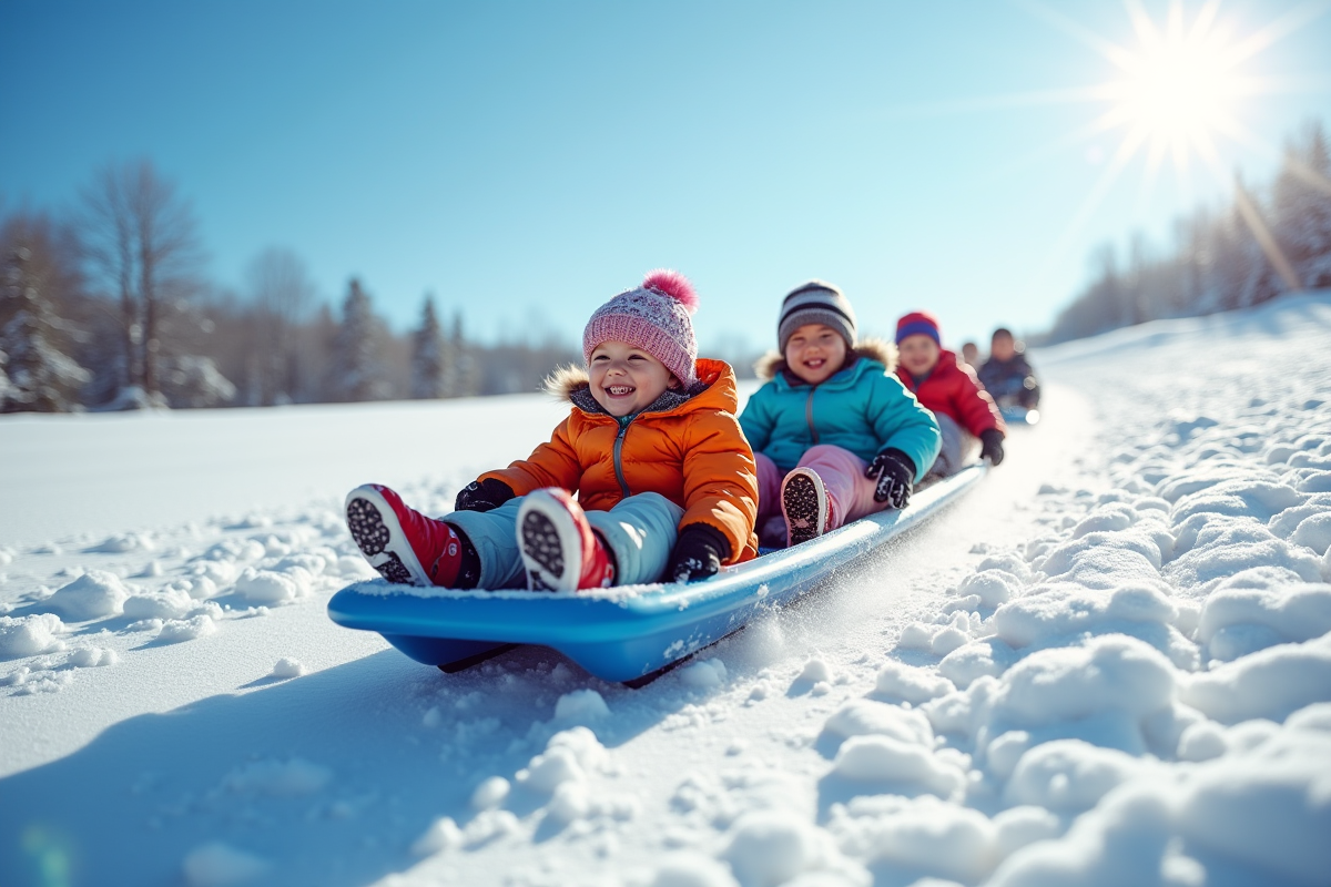 Enfants en vêtements d'hiver colorés faisant de la luge sur une colline enneigée