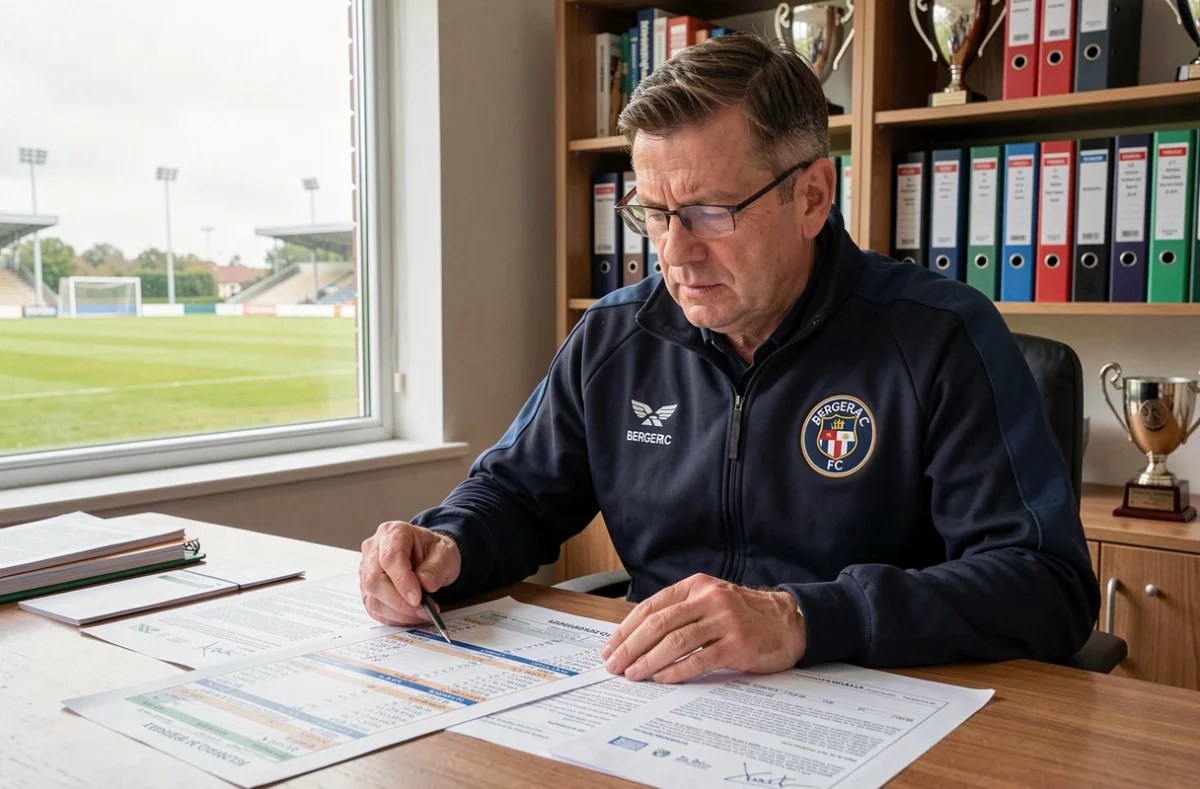 Entraîneur du club de Bergerac consultant le classement et les documents de transfert dans son bureau au stade