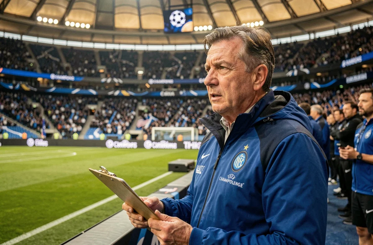 Entraîneur de l'Inter Milan concentré sur le bord du terrain lors d'un match de Ligue des Champions au stade San Siro