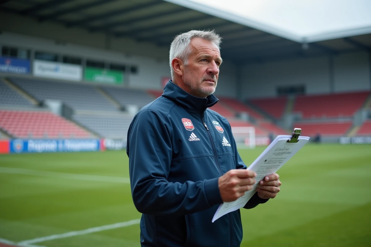 Entraîneur de rugby Fédérale 2 sur la touche avec un carnet tactique, analysant le déroulement d'un match en championnat régional