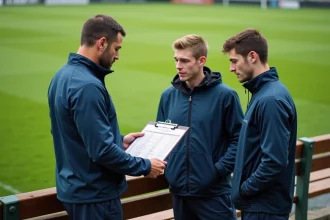 Entraineur rugby expliquant un tableau de ligue à des joueurs