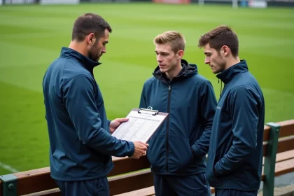 Entraineur rugby expliquant un tableau de ligue à des joueurs