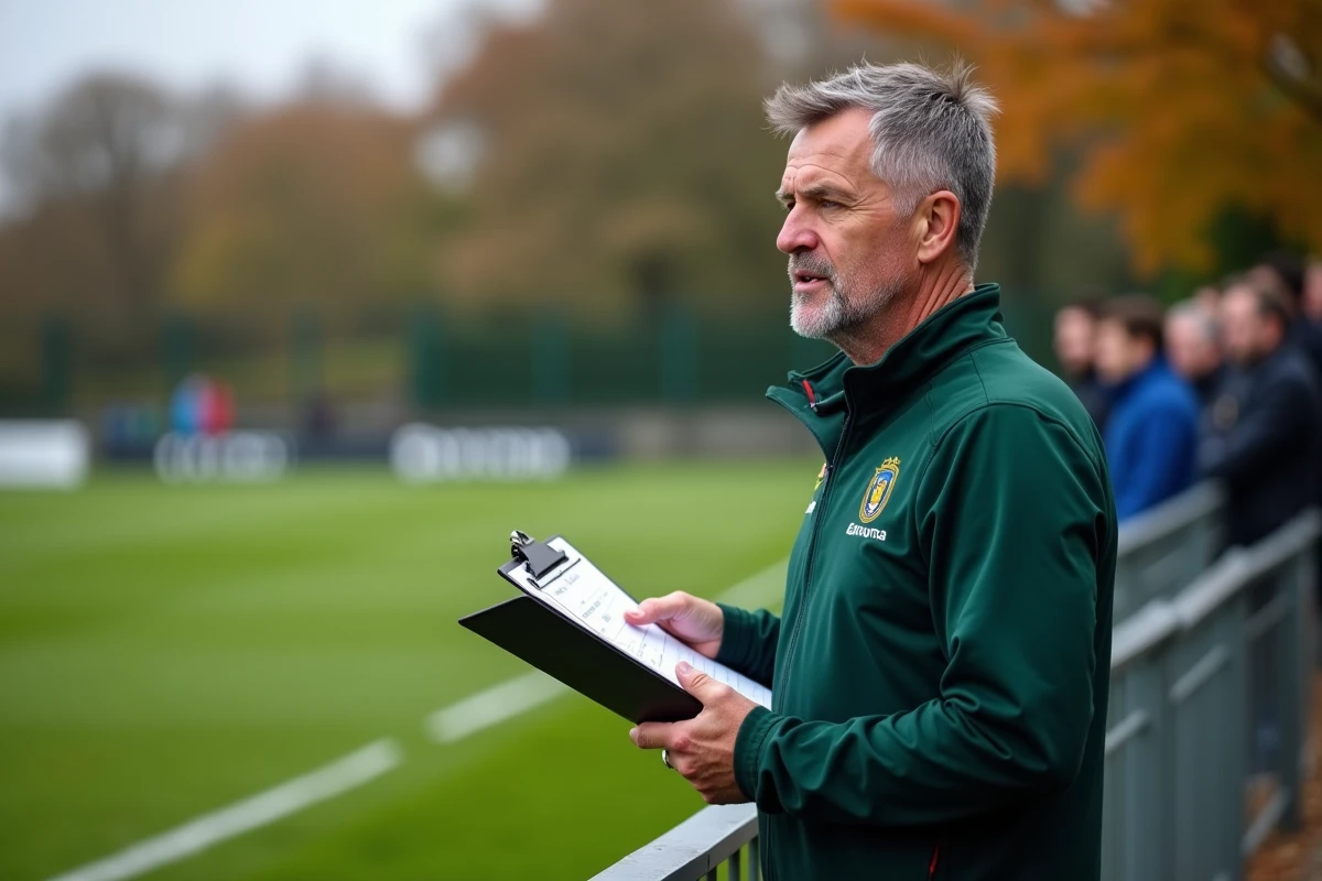 Entraîneur de rugby amateur sur la touche lors d'un match de Fédérale 2 Poule 3, terrain de club français en automne