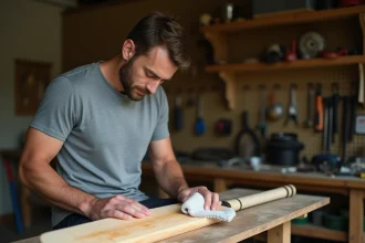 Homme appliquant de l'huile de lin sur une batte de cricket en bois dans un atelier pour l'entretien et la durabilité