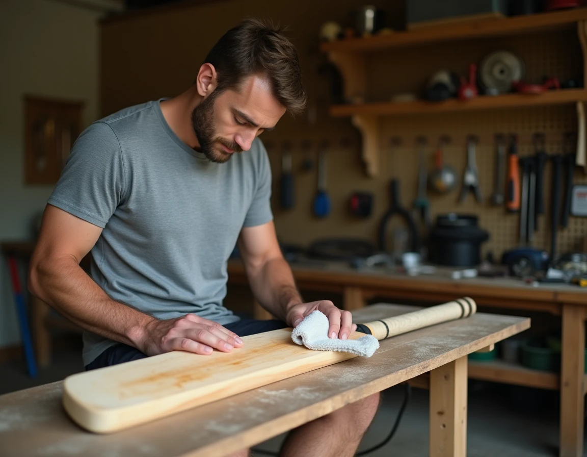 Homme appliquant de l'huile de lin sur une batte de cricket en bois dans un atelier pour l'entretien et la durabilité