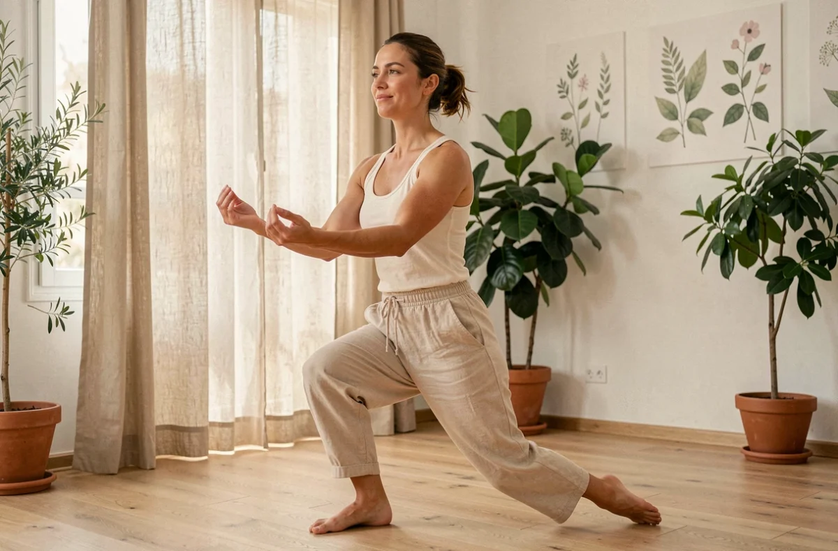 Femme en mouvement doux et bien-être dans un studio de danse sensorielle Envol des Sens à Marseille