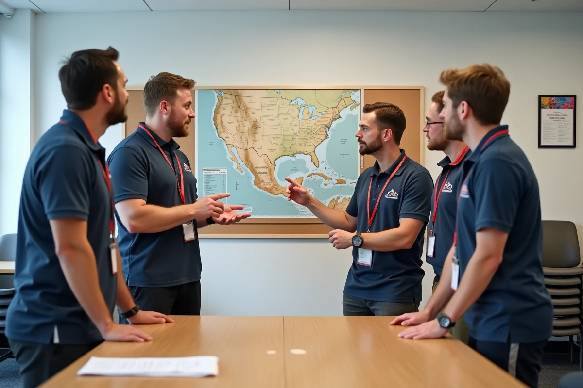 Équipe d'un County Sports Partnership réunie autour d'une carte régionale dans une salle de réunion d'un centre sportif communautaire